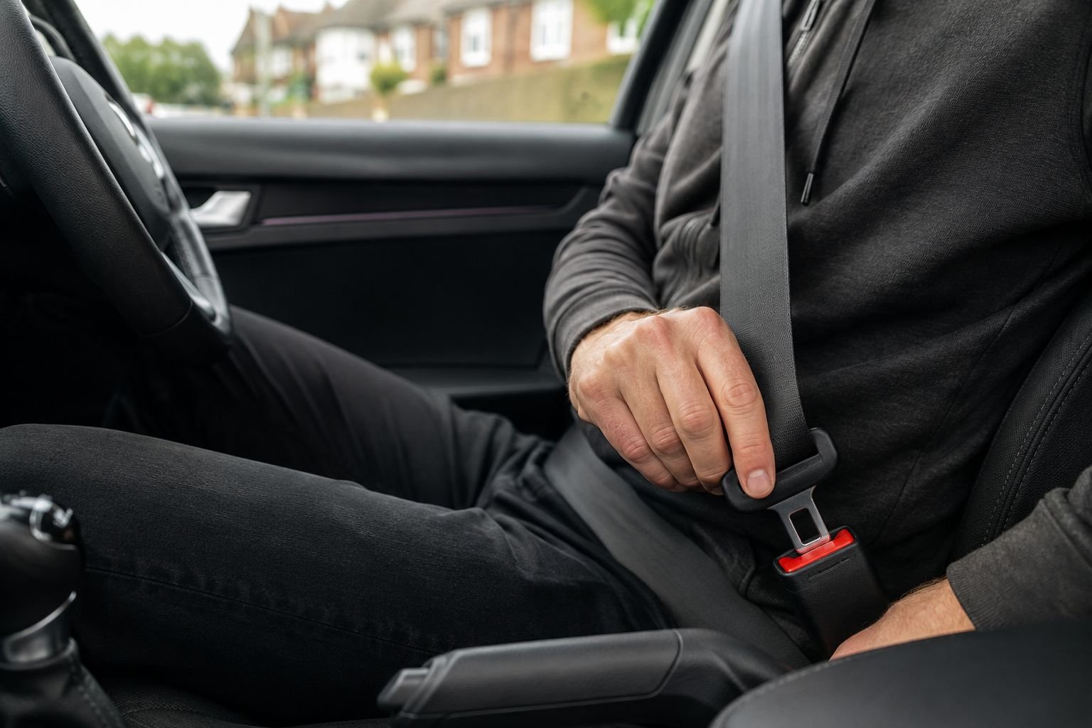 Fastening a seatbelt as part of the pre-drive cockpit drill