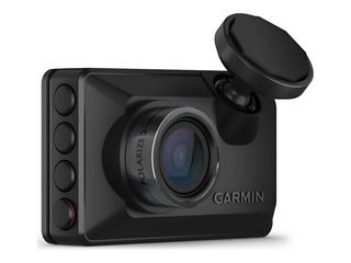 Garmin Dash Cam X210, a black dash cam with a wide lens and a mount on top