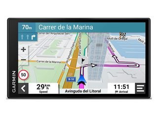 Garmin DriveSmart 66 sat nav showing a map with the current speed and arrival time