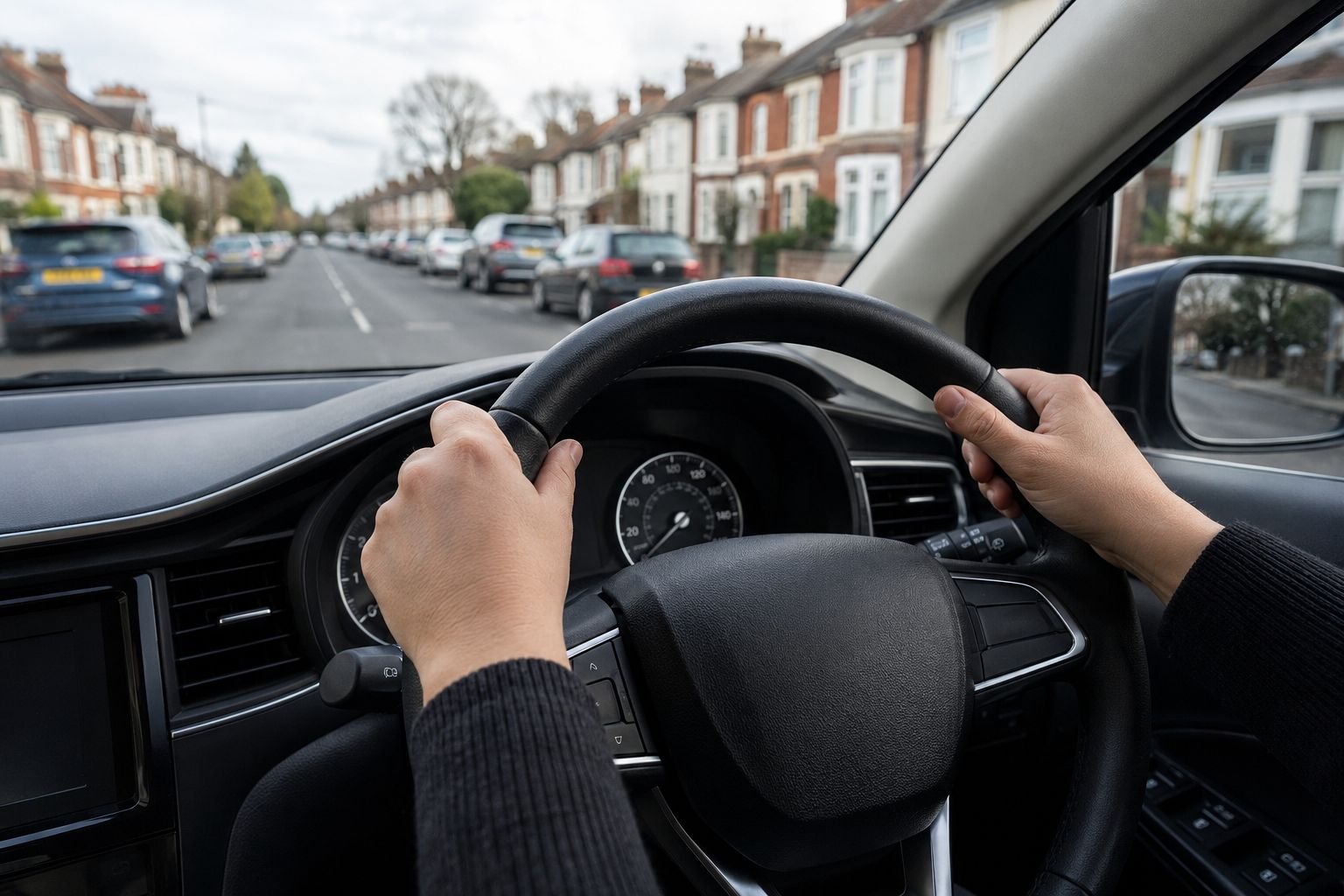 Learner driver's hands on the steering wheel during a UK driving lesson