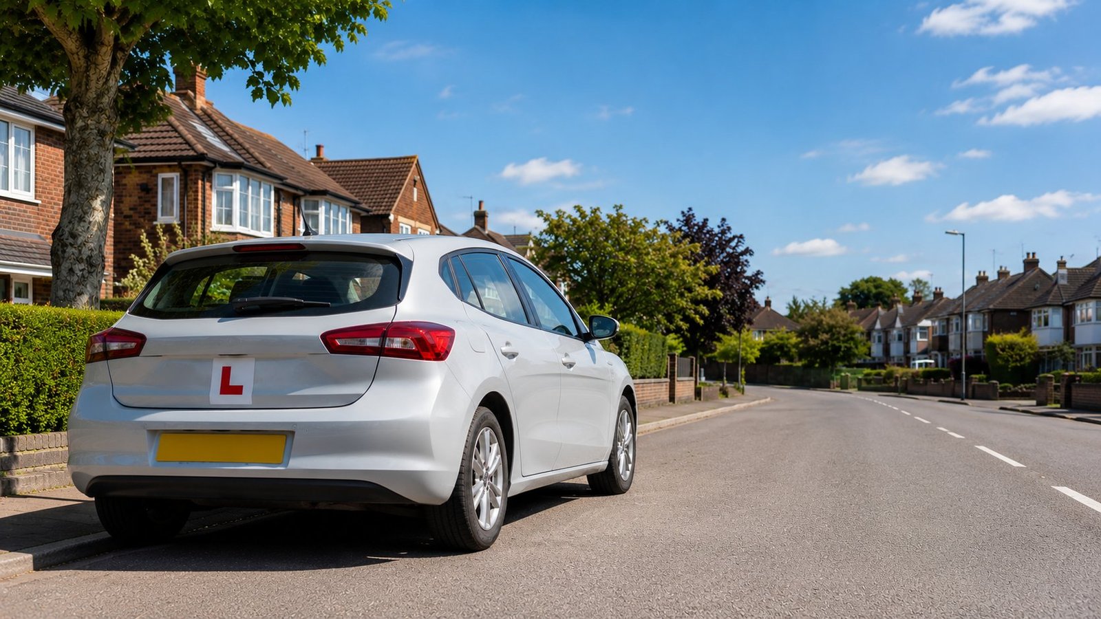 A UK learner driver's car with L-plates parked on a residential street