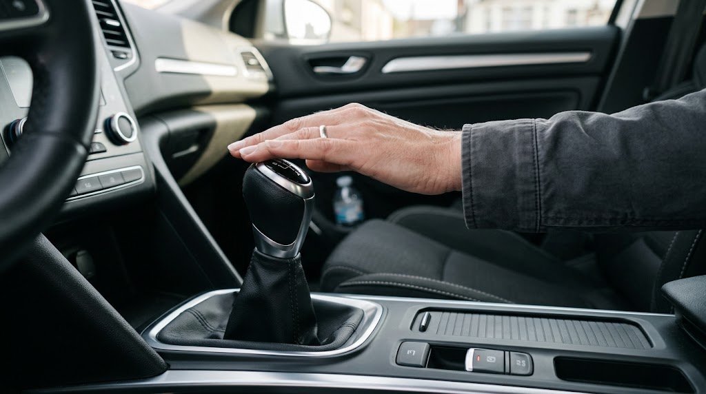 Hand on a manual gear stick in a UK car