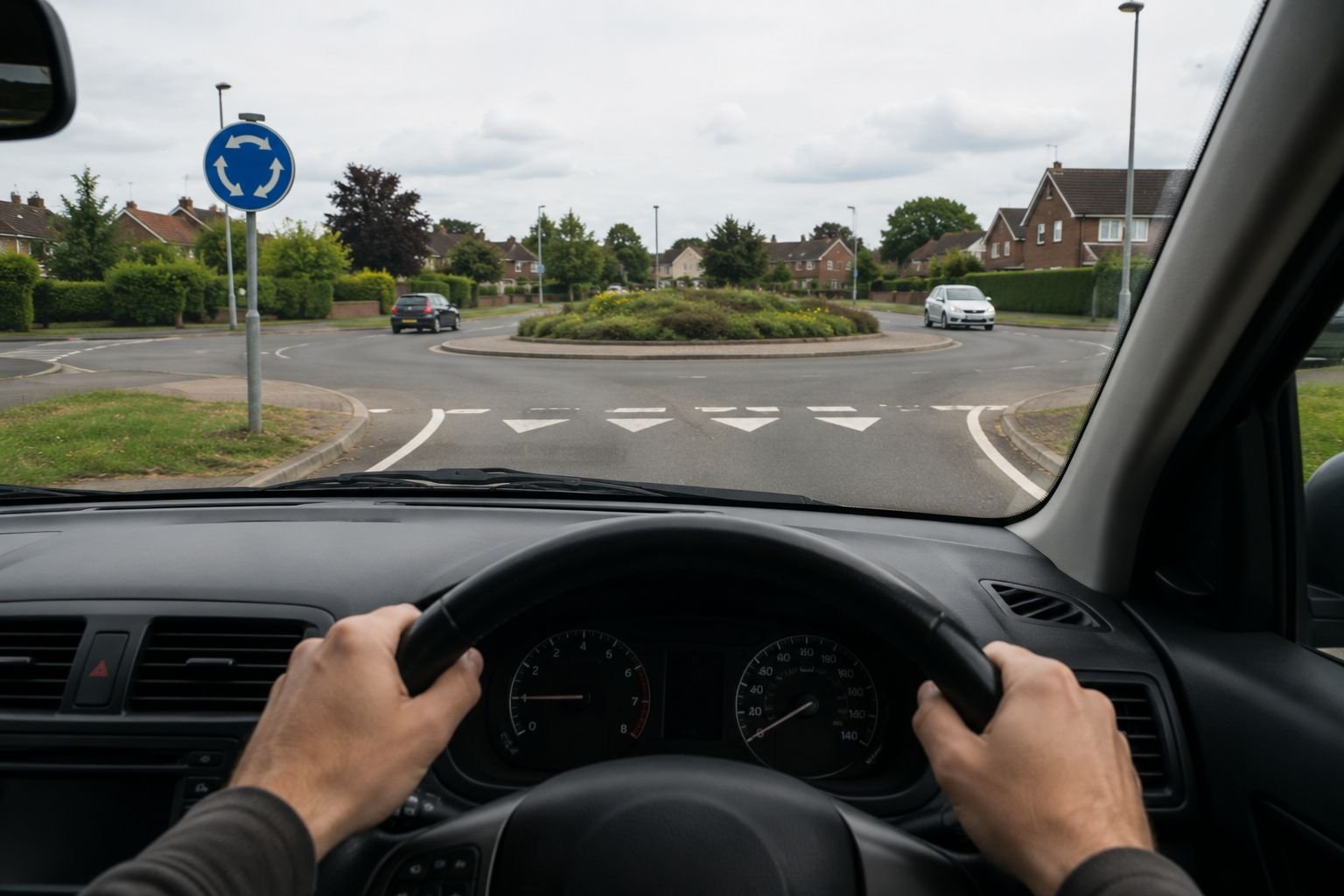 View through the windscreen approaching a UK roundabout